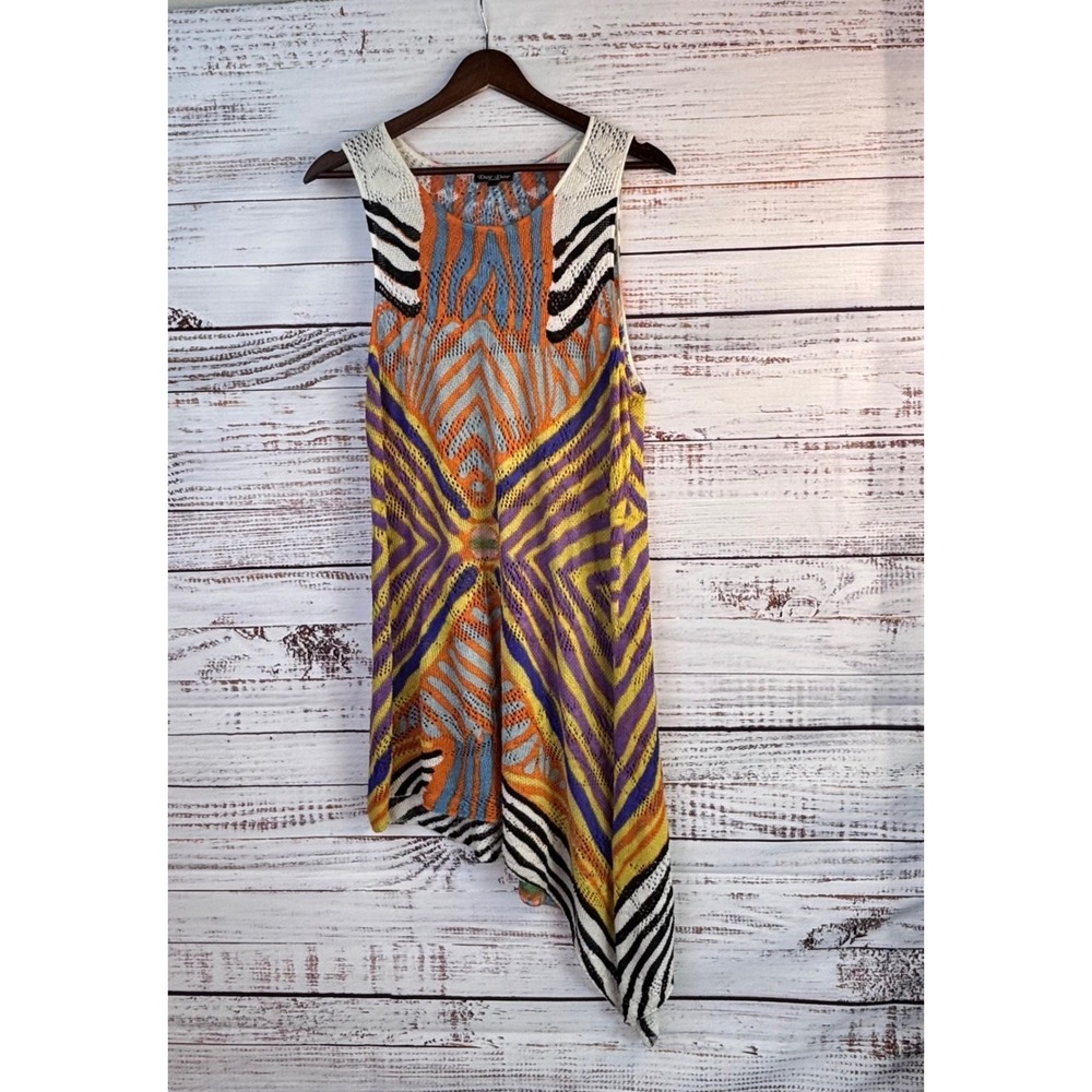 Artsy Pointelle XL Bright Geometric Animal Print Asymmetrical Knit Tunic Top - Picture 3 of 12